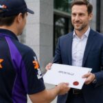FedEx futár Apostille hitelesített dokumentum átvétele közben egy irodaház előtt – hiteles fordítás és Apostille ügyintézés Magyarországon