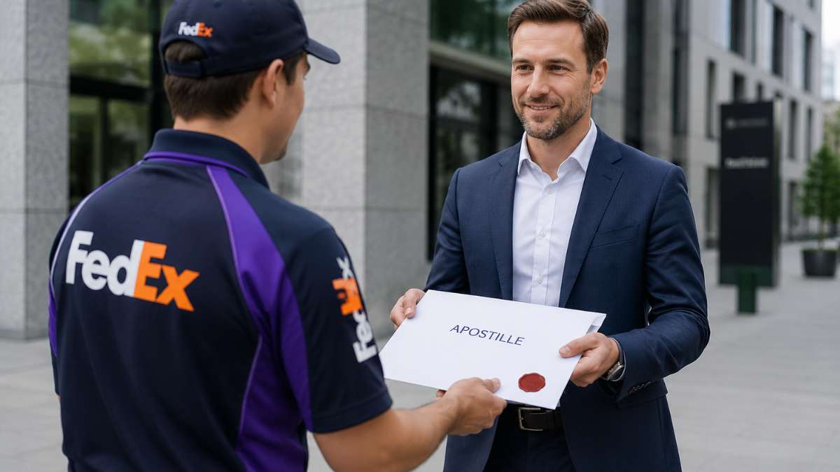 FedEx futár Apostille hitelesített dokumentum átvétele közben egy irodaház előtt – hiteles fordítás és Apostille ügyintézés Magyarországon