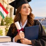 Külföldi diplomát szerzett végzős hallgató oklevéllel, magyarországi építészeti háttér előtt