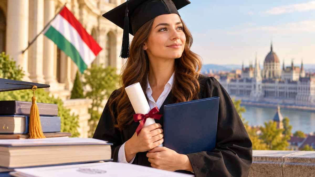 Külföldi diploma magyarországi elismertetése Külföldi diplomát szerzett végzős hallgató oklevéllel, magyarországi építészeti háttér előtt